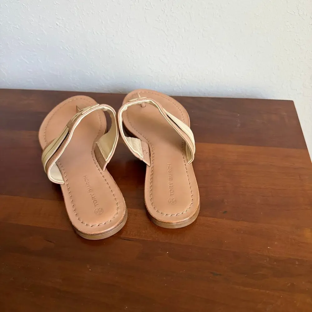 Tory Burch Leigh Tumbled Leather Cream Tan Thong Sandal Women 8.5 Summer Classic